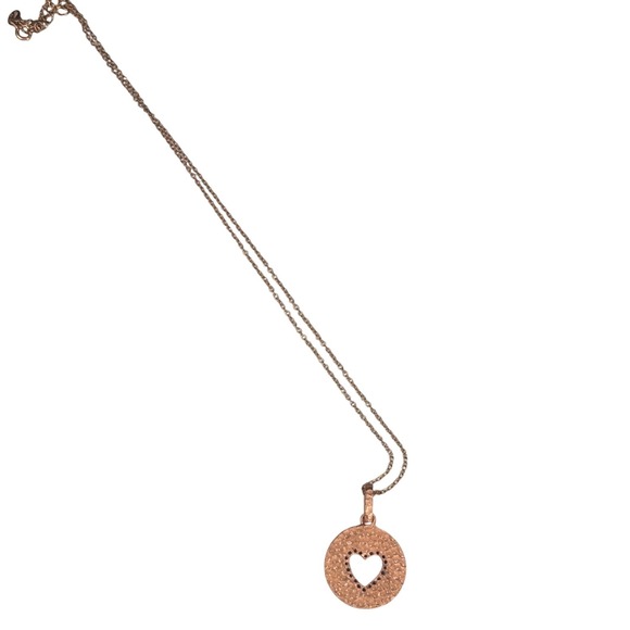 Rose Gold Tone Hammered Disc Heart Charm Necklace Pave CZ - Picture 2 of 4